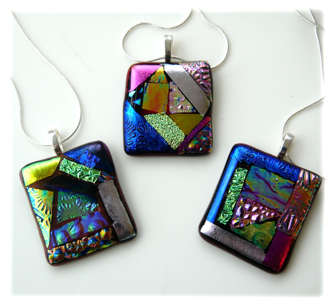 Supersize All Dichroic Fused Glass Patchwork Pendant Silver Chain Choice of Colour