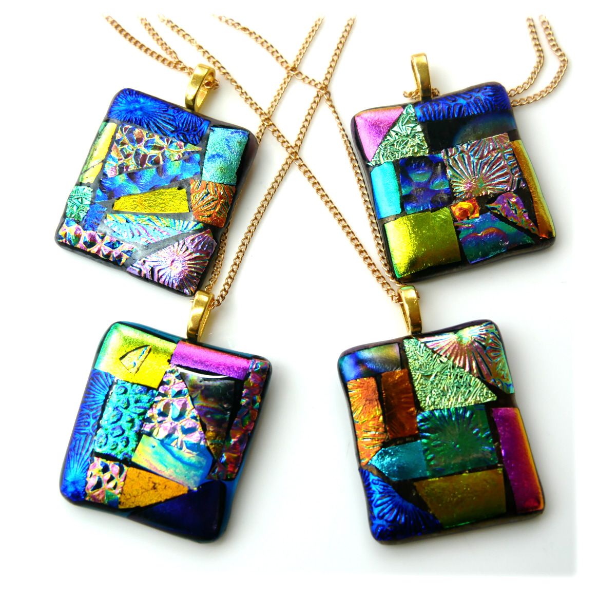Supersize All Dichroic Fused Glass Patchwork Pendant Gold Chain Choice of Colour