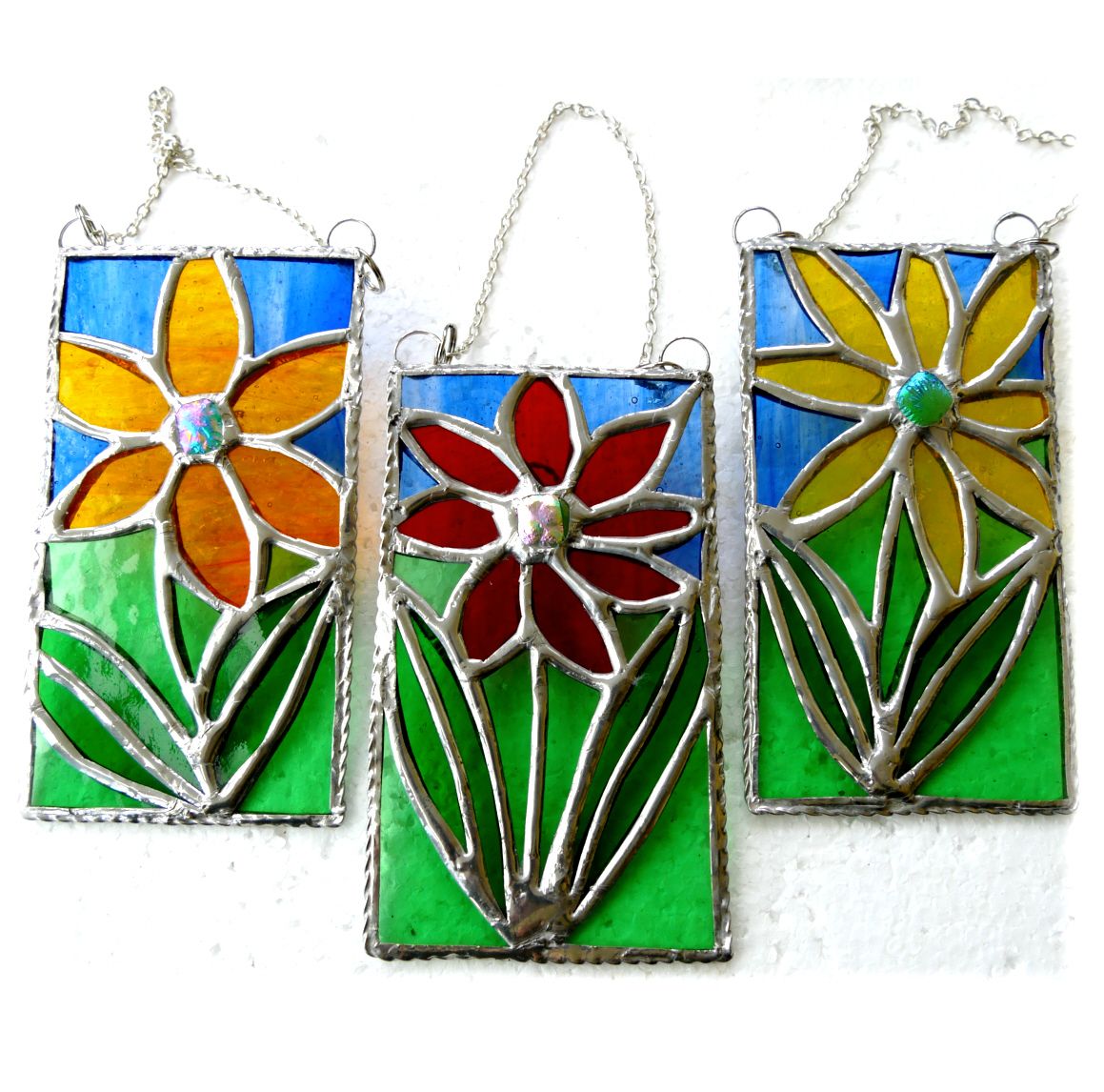Flower Picture Stained Glass Suncatcher Red Yellow or Orange