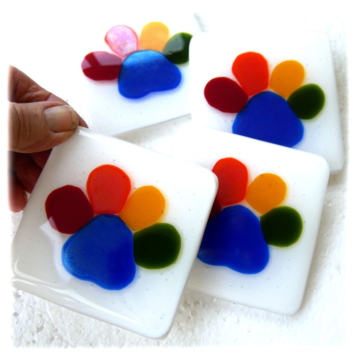 Paw Print Fused Glass Coaster Set of 4 Rainbow on White