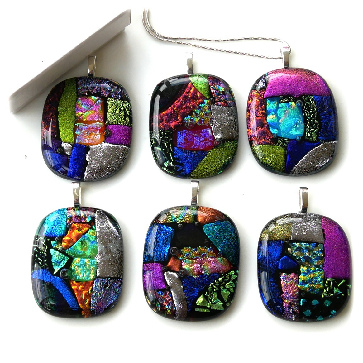 Supersize Dichroic Fused 3layer Glass Patchwork Pendant Silver Chain Colour Choice