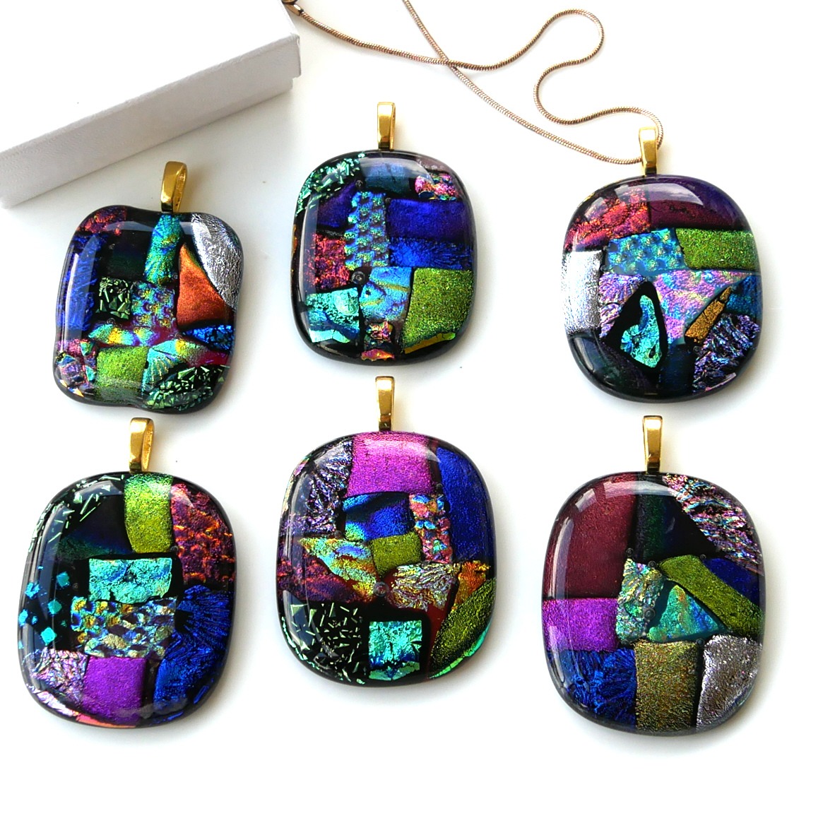 Supersize Dichroic Fused 3layer Glass Patchwork Pendant Gold Chain Colour Choice