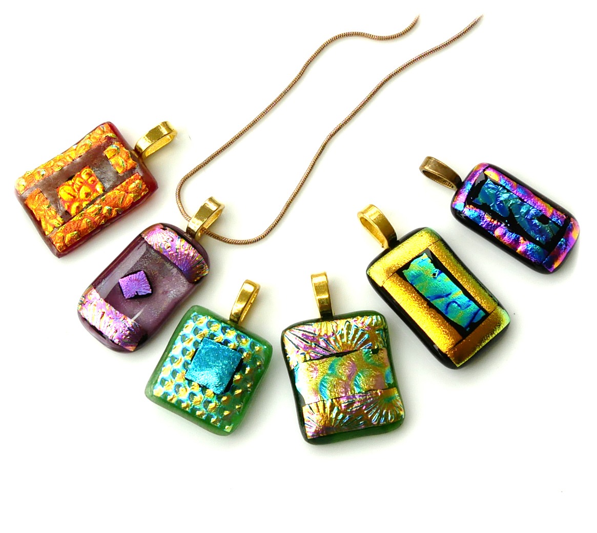 Dichroic Fused Glass Pendant Gold Chain Choice Set A002