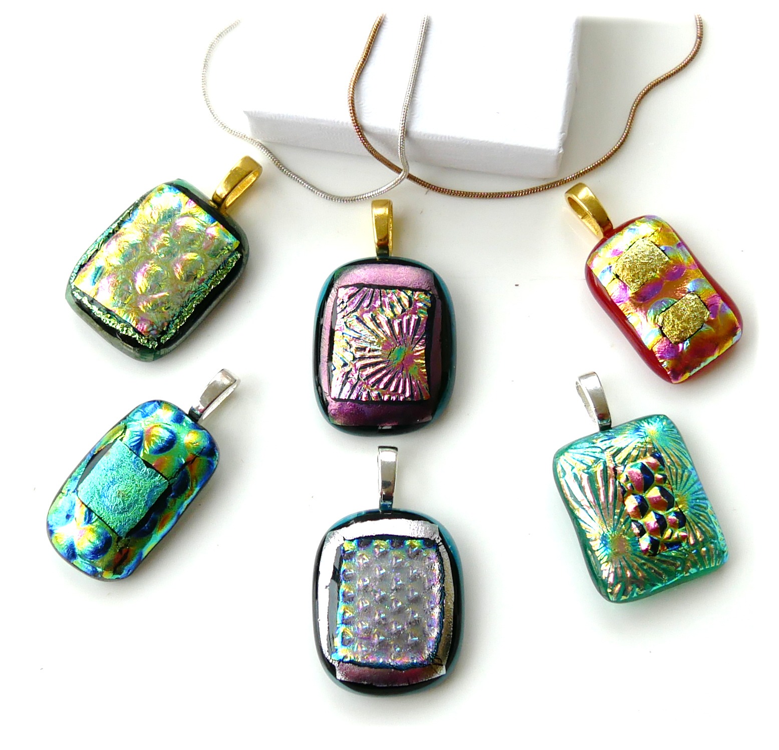 Dichroic Fused Glass Pendant Gold or Silver Chain Choice Set A003