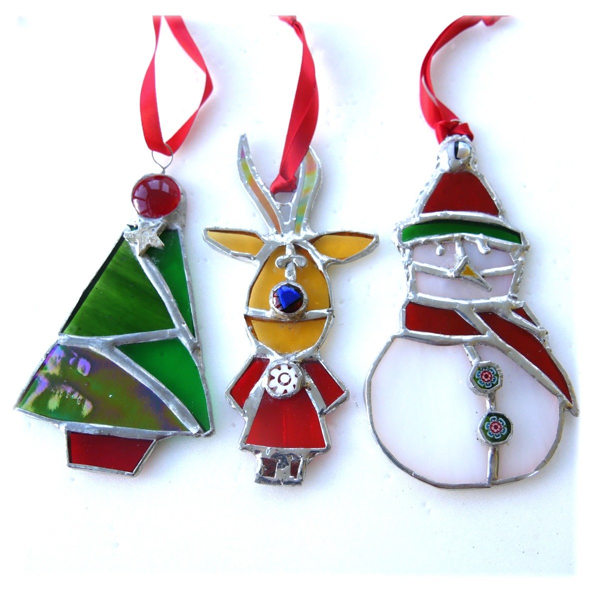 Snowman Reindeer Christmas Tree Stained Glass Decoration