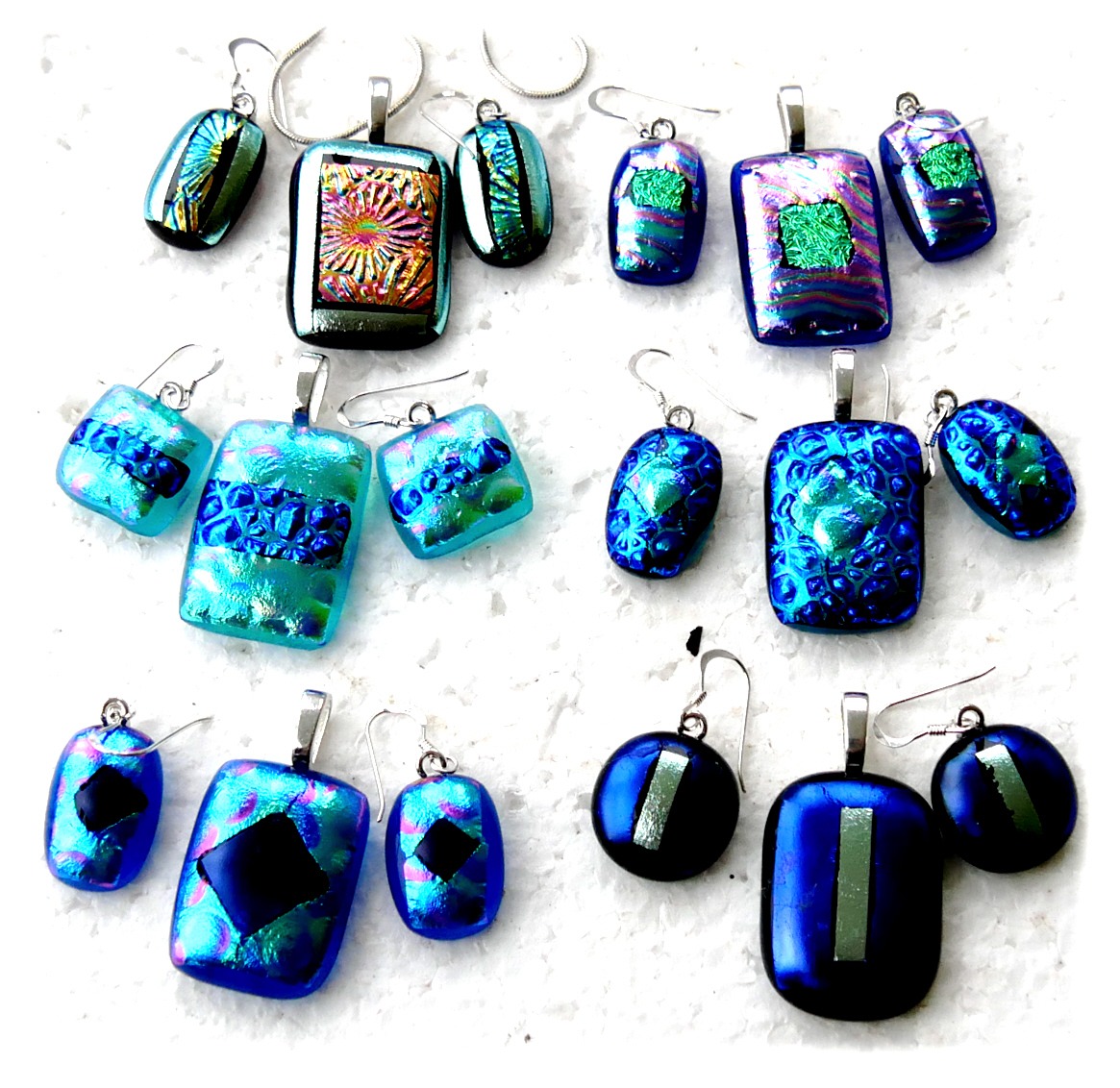 Dichroic Fused Glass Pendant Earring Set 6 Silver Chain Choice 106-111