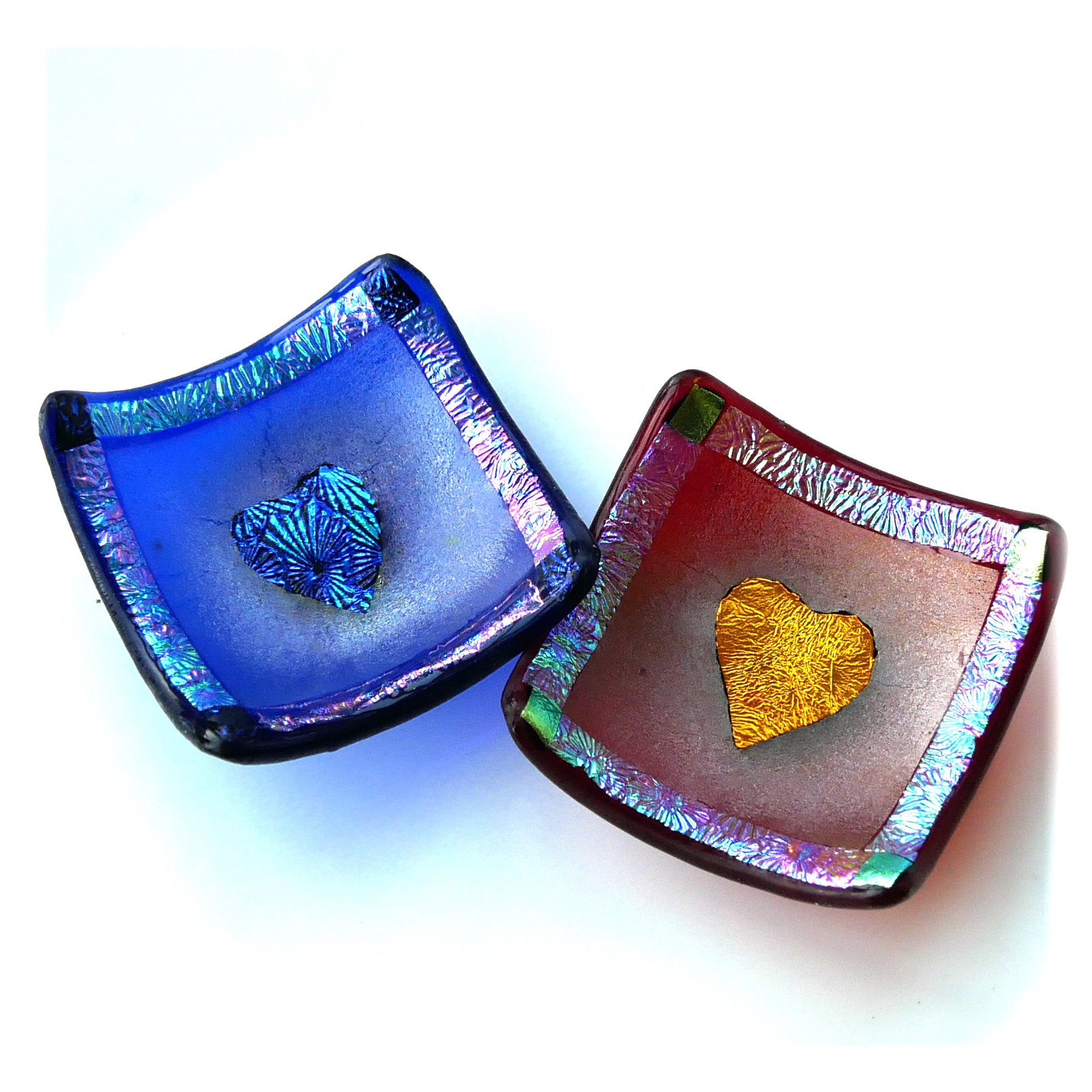 Heart Ring Dish Fused Glass Dichroic Red or Blue 7cm