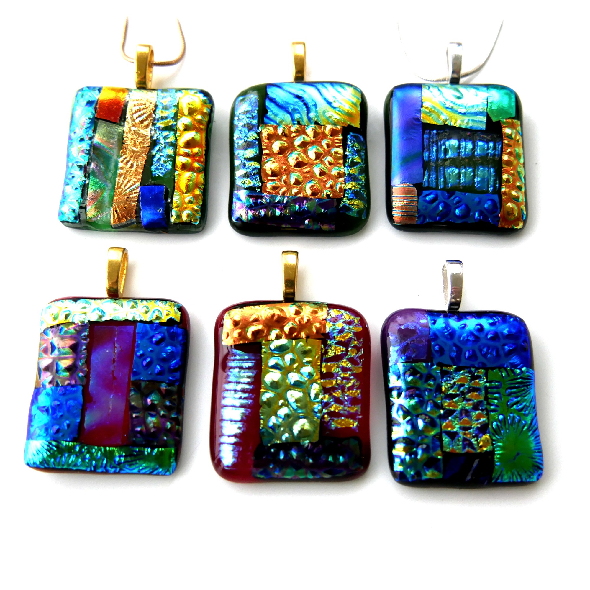 Luxury Patchwork Dichroic Fused Glass Pendant Silver Chain B016 - B021