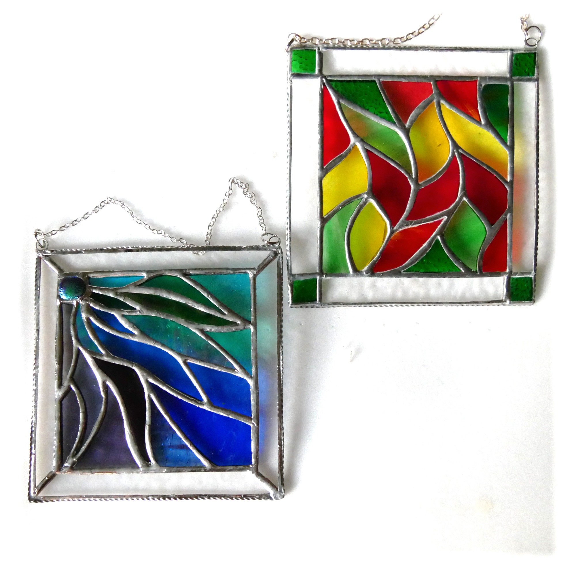 Leaves or Ribbons Stained Glass Square Franed Suncatcher