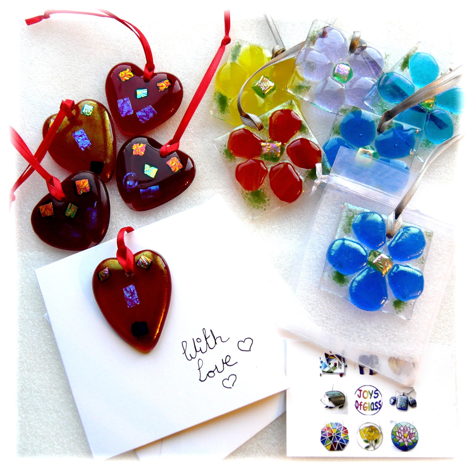 Fused Glass Flower or Heart Greetings Card Mothers Day Birthday Keepsake Gift