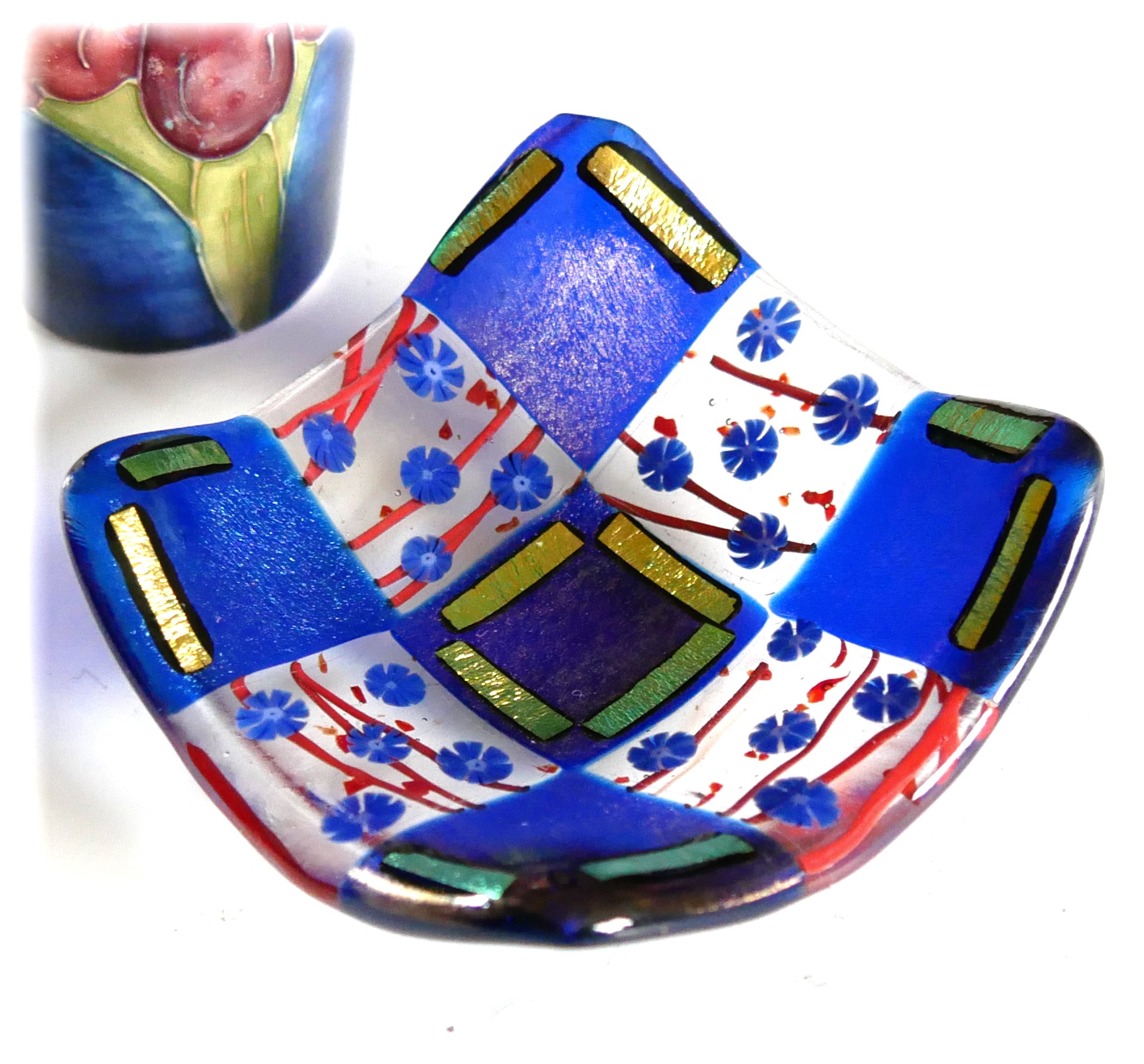 Fused Glass Deep Dish Blue Red Check Gold Dichroic