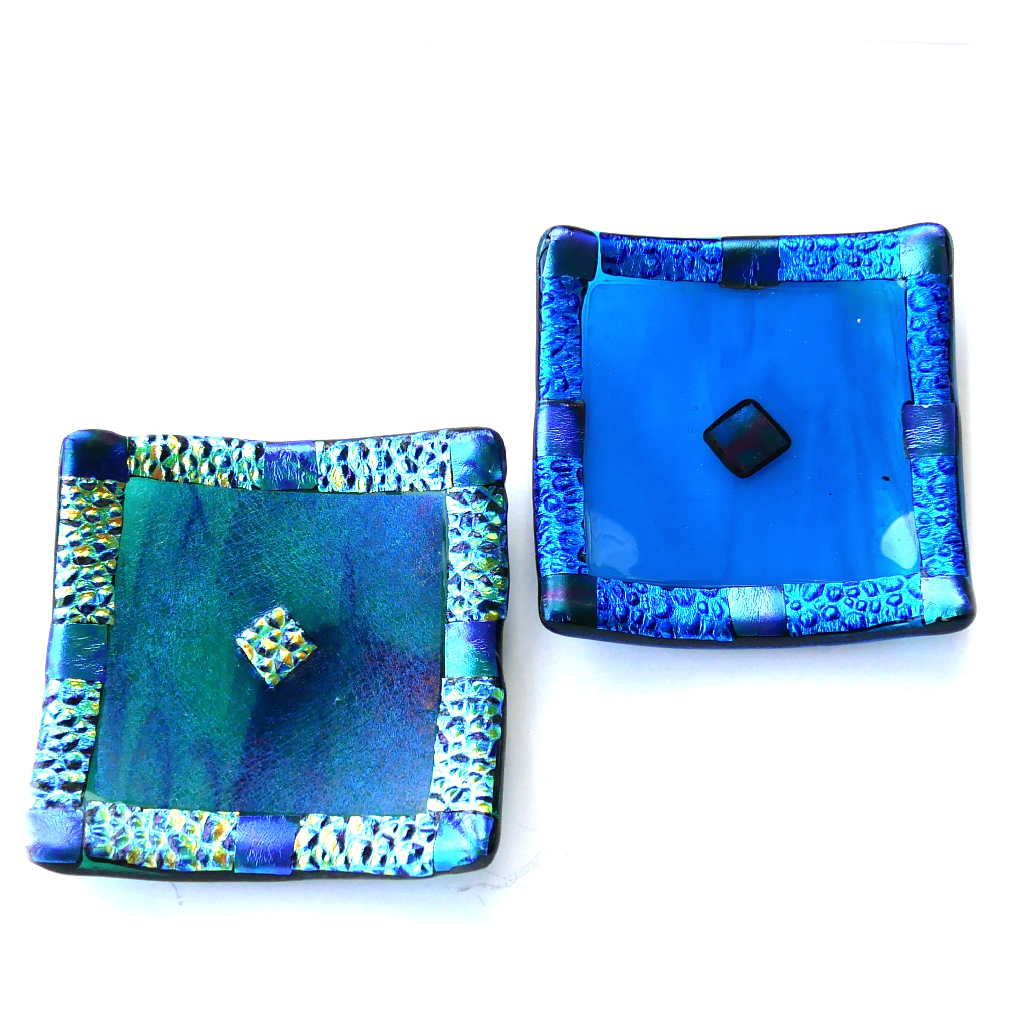 8cm Dichroic Border Fused Glass Dish Emerald or Turquoise