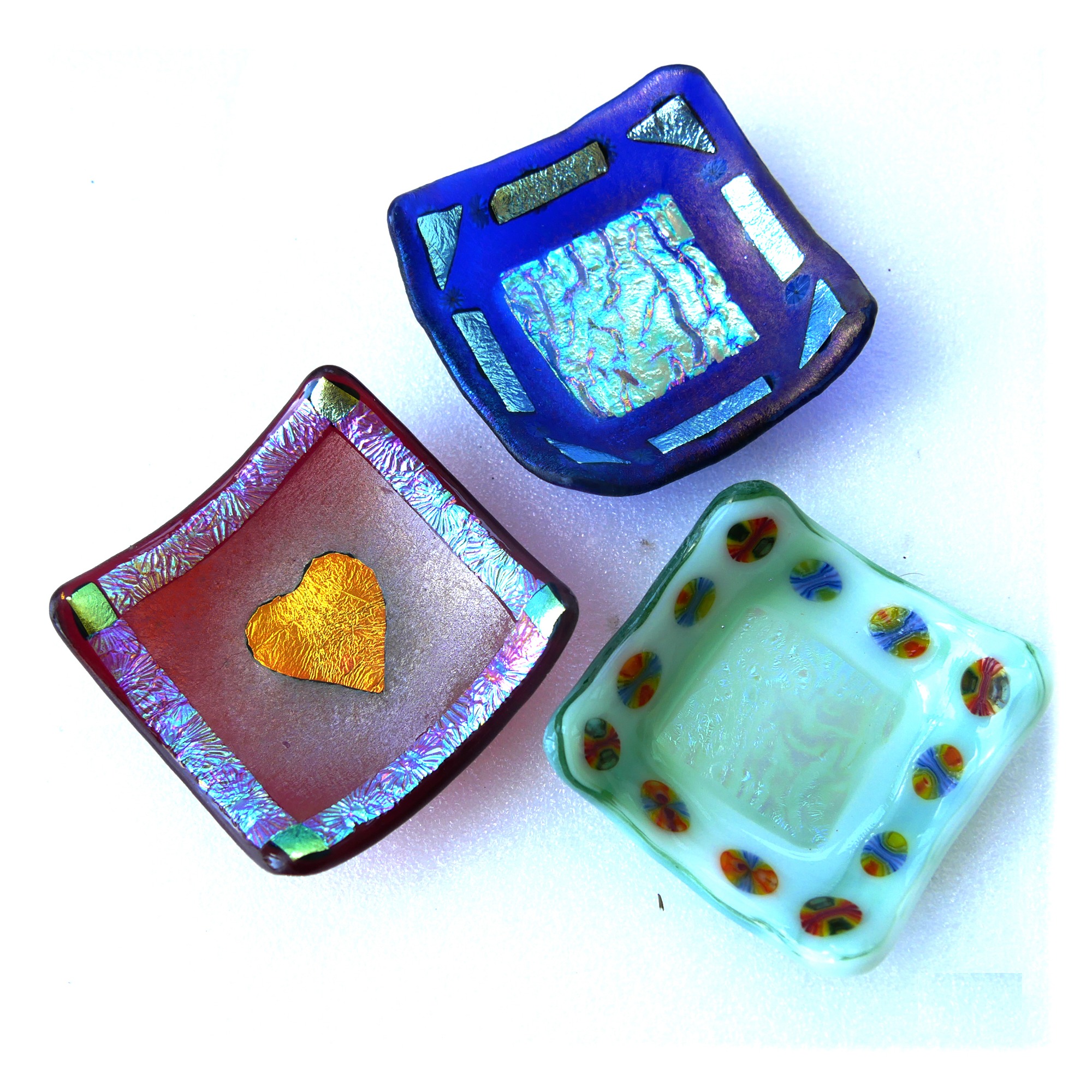 Fused Ring Earring Dish Glass Dichroic Red Blue or Pale Green Heart Millefiori