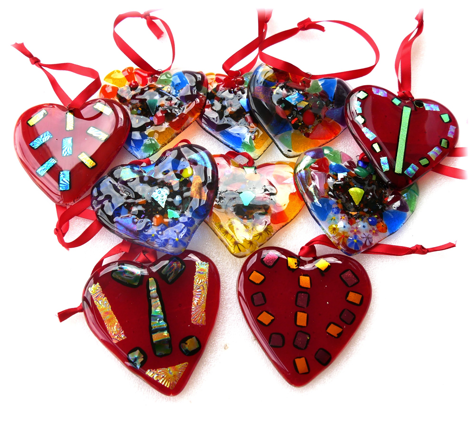 Fused Glass Love Heart Red or Multicolour Rainbow Decoration