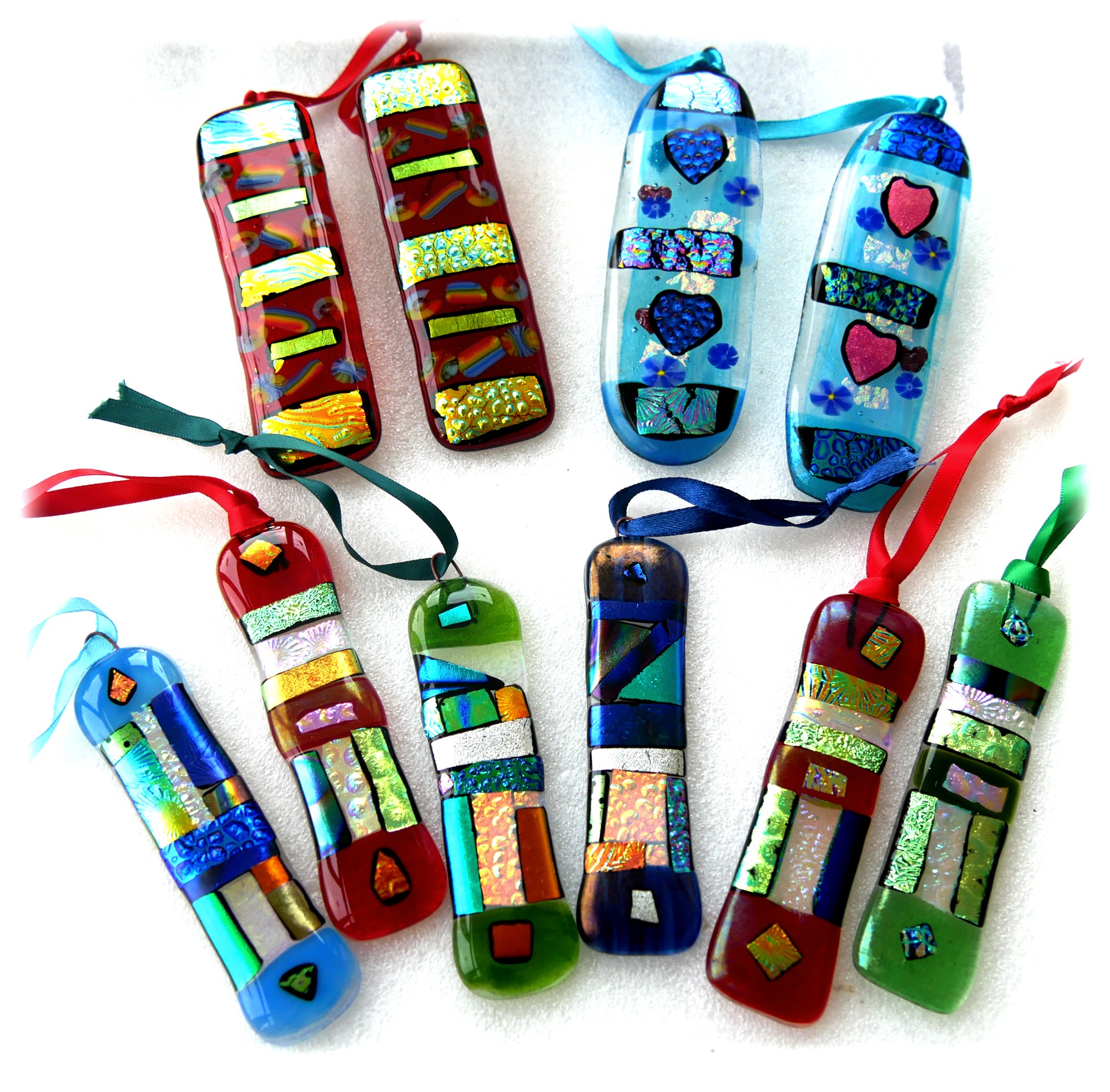Dichroic Fused Glass Treasure Sticks Patchwork Heart or Rainbow Suncatcher Decorations