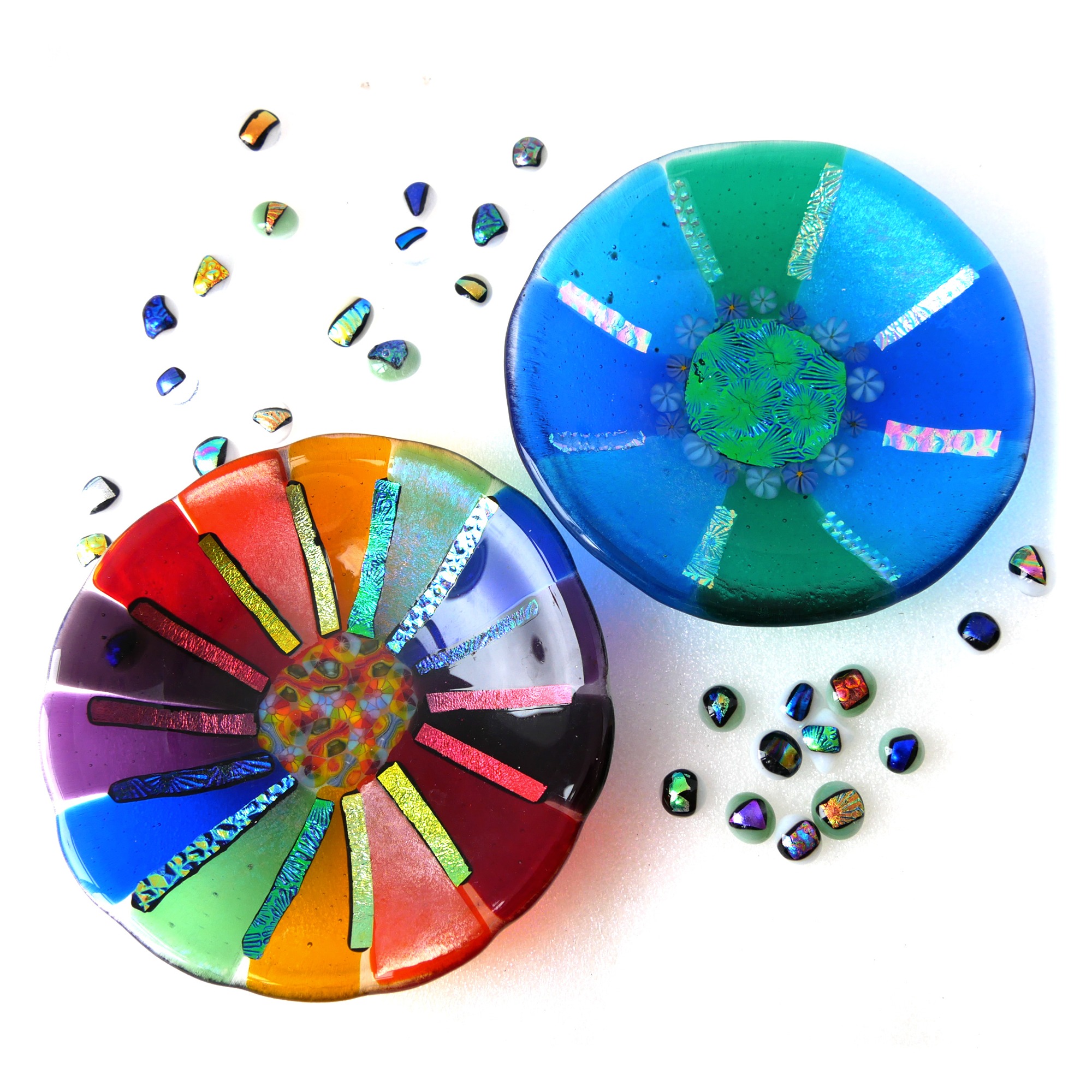 Rainbow or Teal Dichroic Fused Glass Bowl 13cm Millefiori