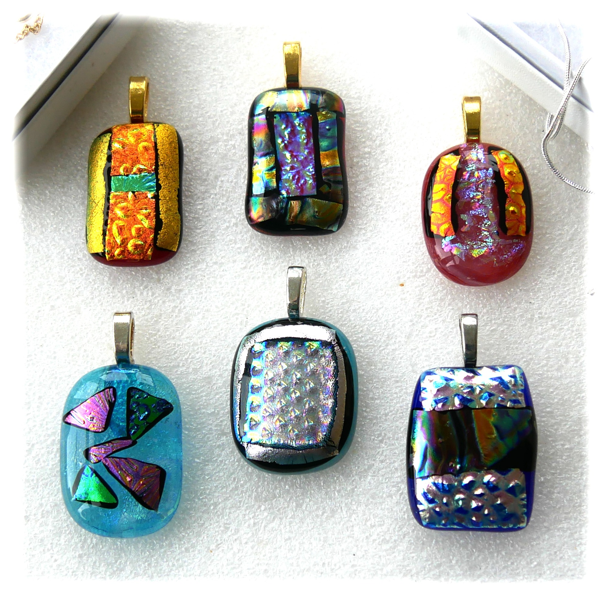 Dichroic Fused Glass Pendant Gold or Silver Chain Choice Set A003