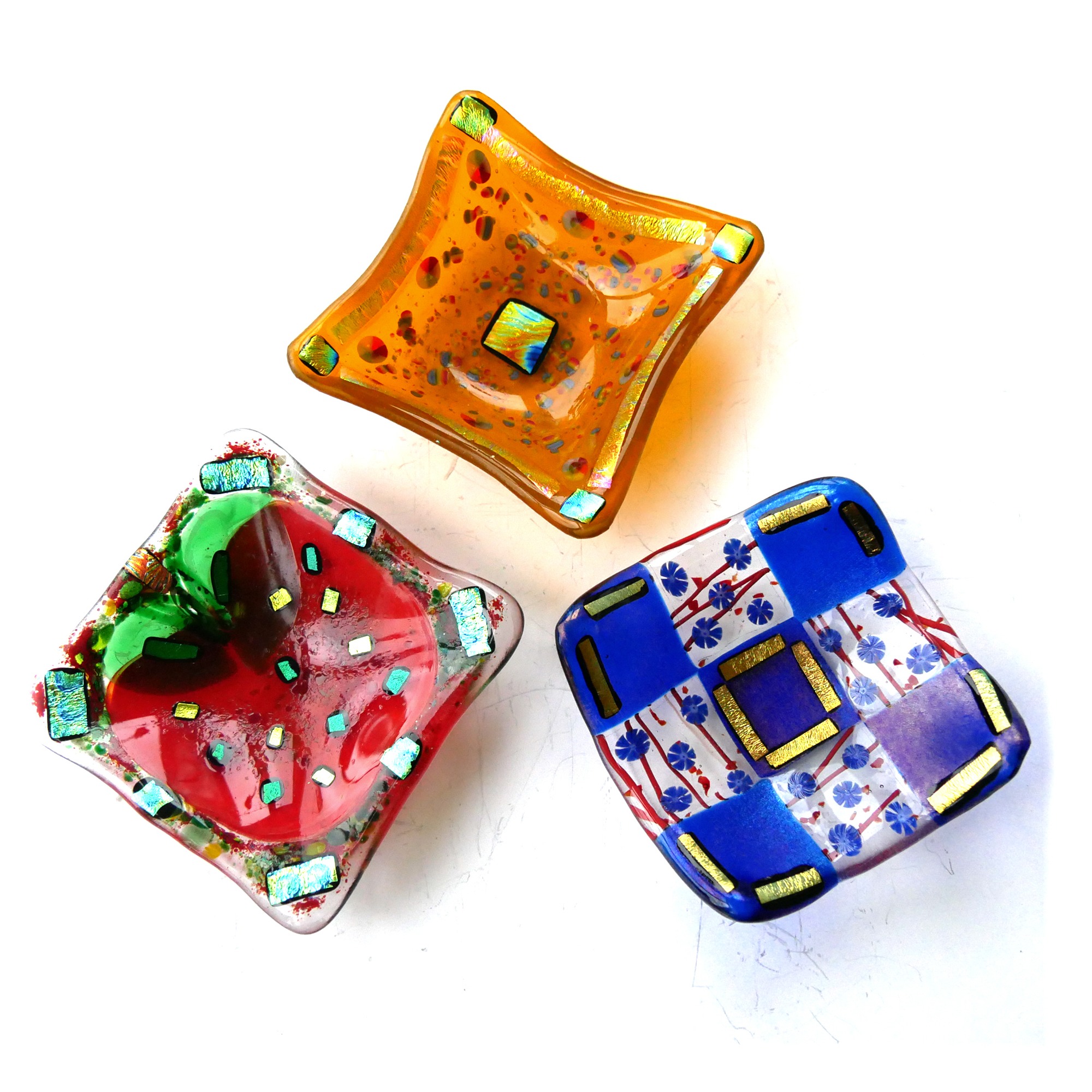 Fused Glass Deep Dish Blue Check or Rich Gold or Apple