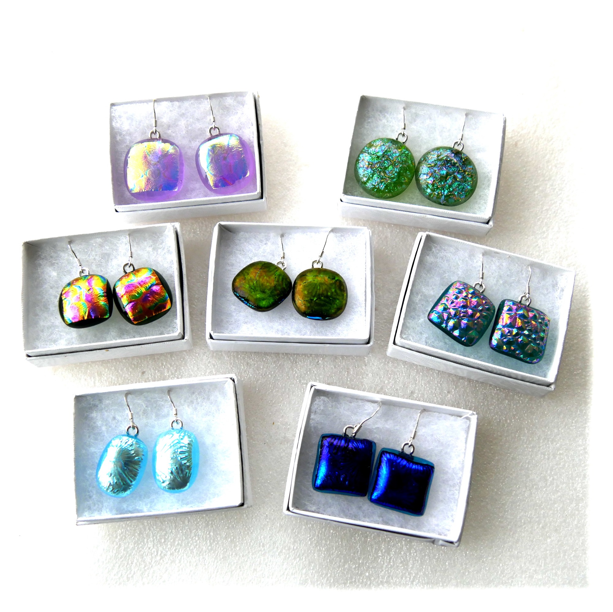Earrings Luxury Dichroic Fused Glass Set 2 Silver Hooks Handmade Gift