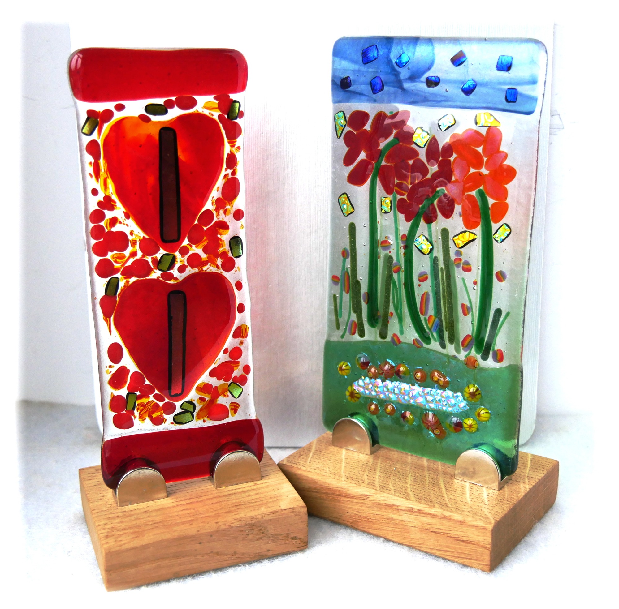 Fused Glass Picture on Oak Stand Hearts or Flowers Dichroic decorated handmade gift