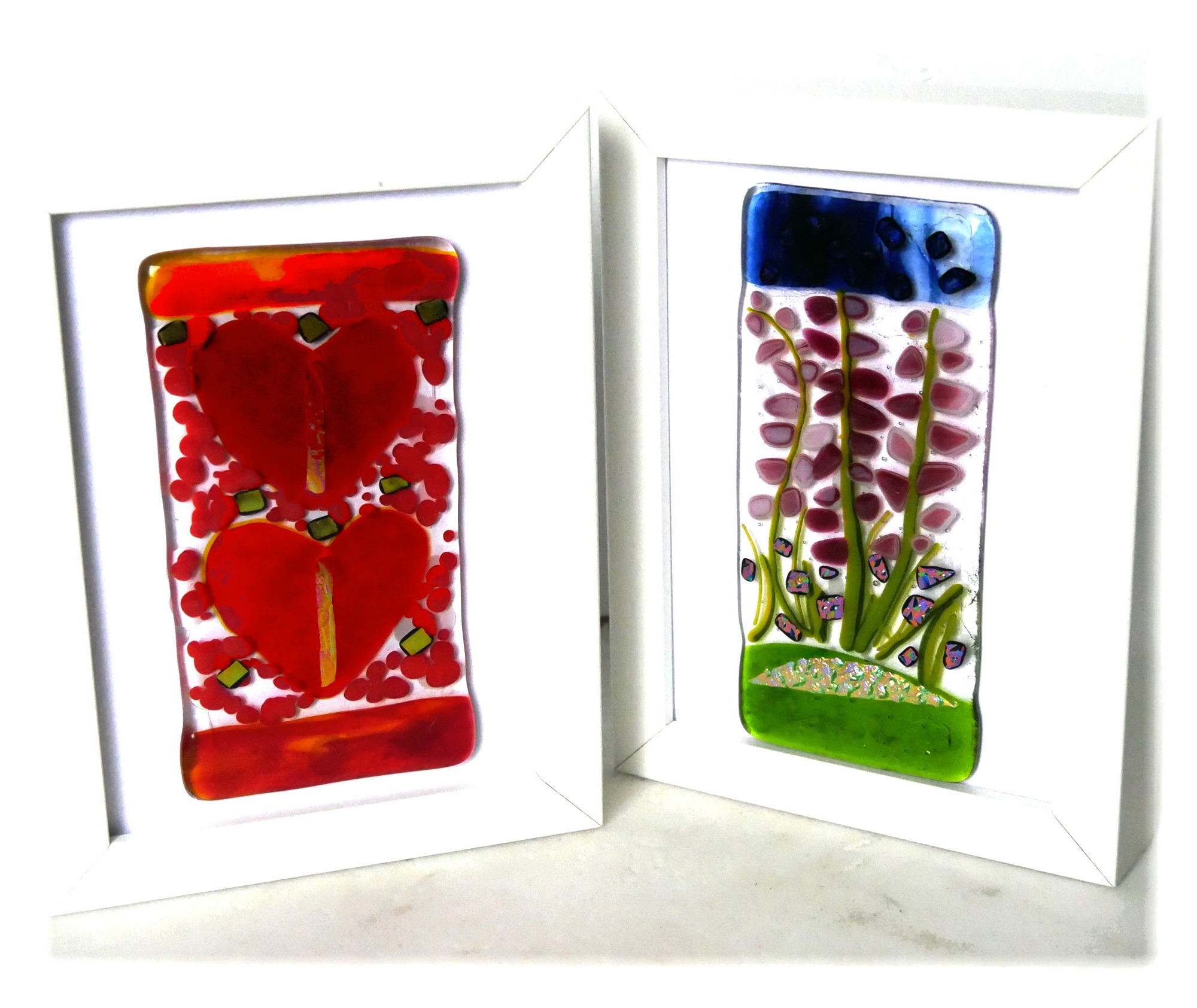 Fused Glass Flower or Heart Picture Box Framed Handcrafted Gift