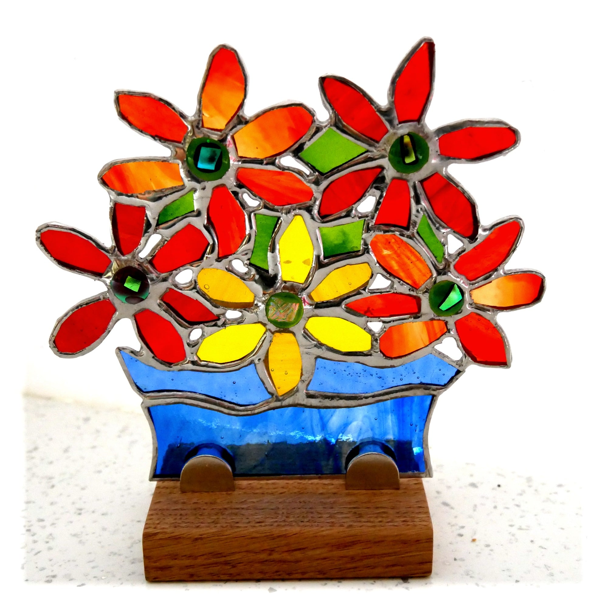 Blue Vase of Red Flowers Stained Glass on Oak Wood Stand Freestanding Suncatcher Handmadeult image