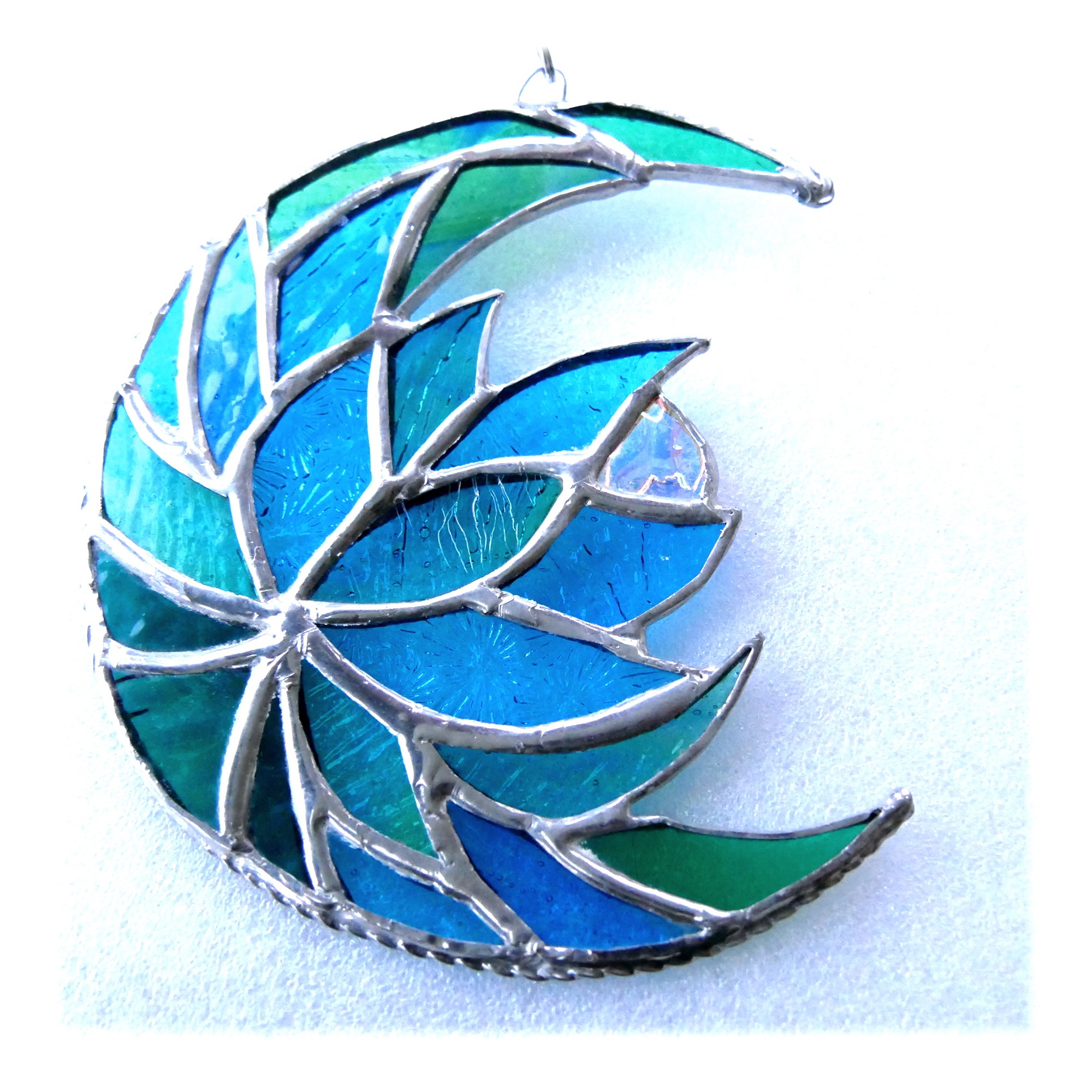 Lotus Flower Moon Stained Glass Suncatcher Turquoise Handmade Gift