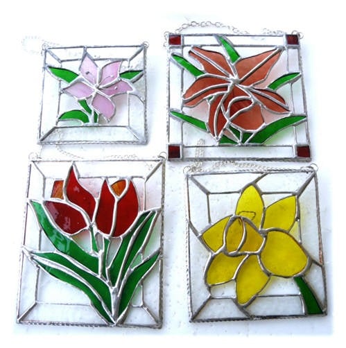 Orchid Lily Daffodil Tulip Framed stained glass picture (2).jpg