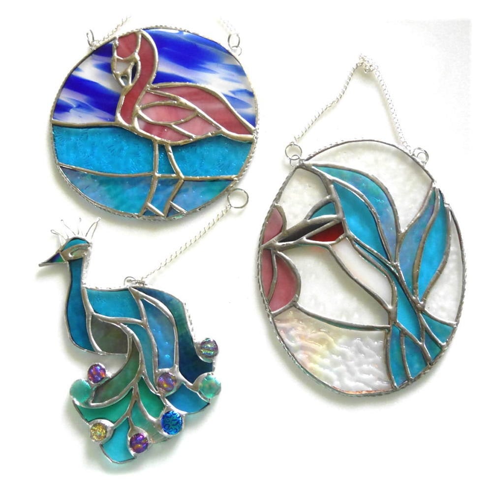 Exotic bird stained glass suncatcher peacock flaming kingfisher.jpg