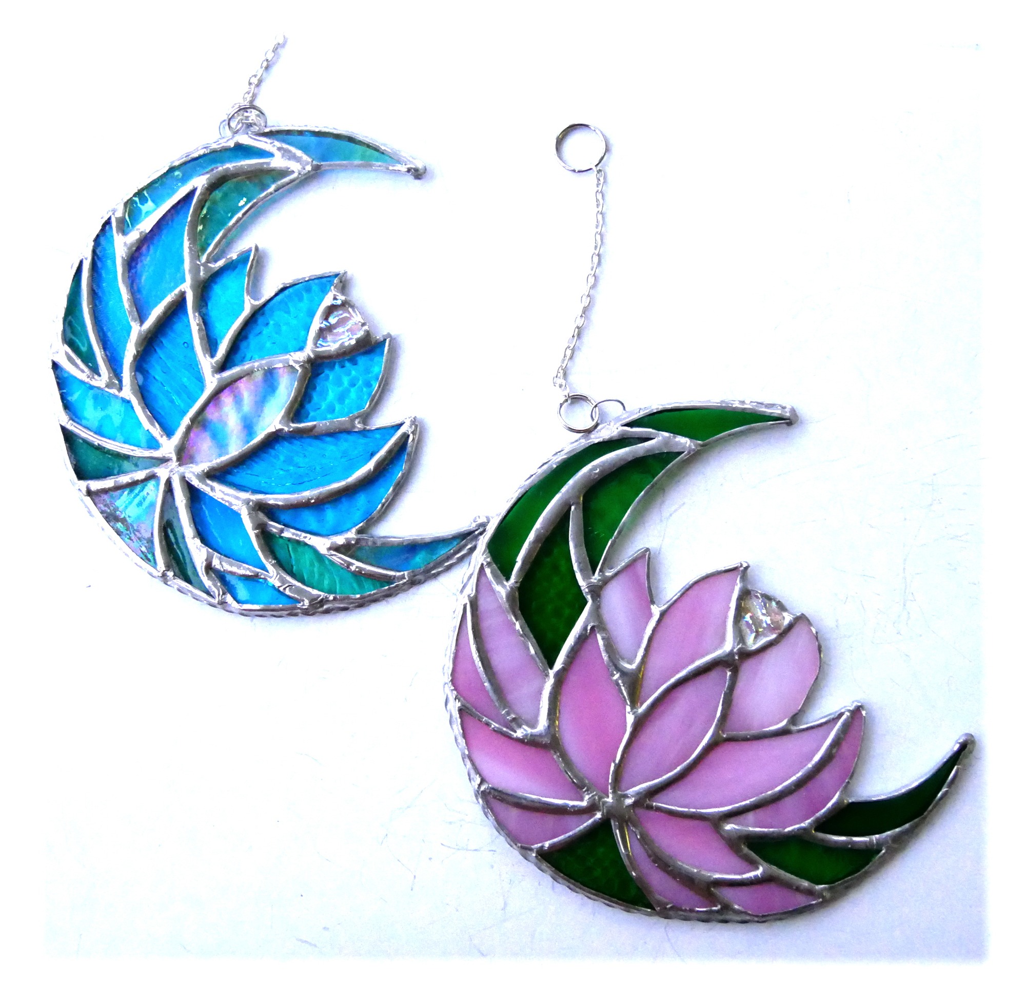 Lotus Flower Moon Stained Glass Suncatcher Turquoise or pink Handmade Gift