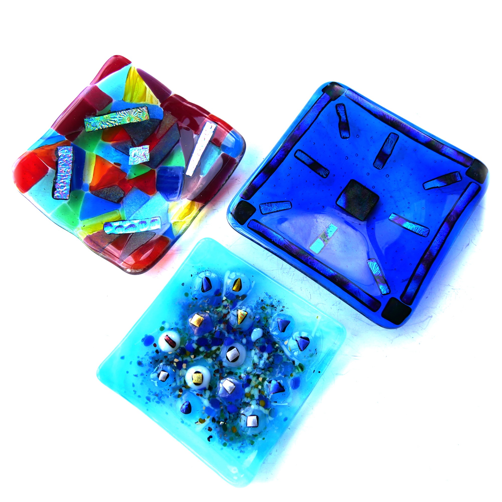         Fused glass square dish turquoise or blue or rainbow        Fused Glass Square Dish Blue with Silver or Abstract Rainbow or Turquoise Rockpool