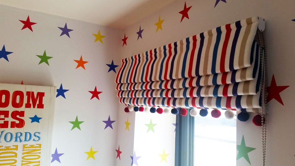 roman blind with pompoms play room