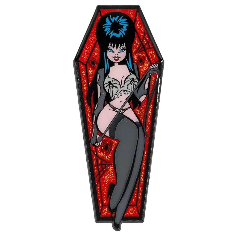 Elvira Spider Coffin Glitter Badge