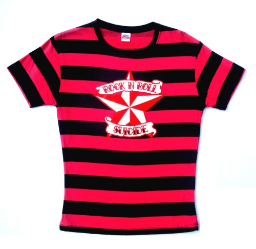Rock N Roll Suicide Nautical Star Black And Fuschia Striped Lady Fit Tshirt