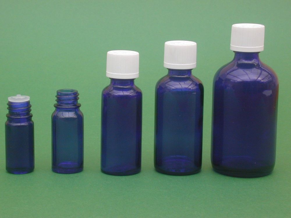 Blue Glass Bottle, Insert & White Child Resistance Closure 50ml