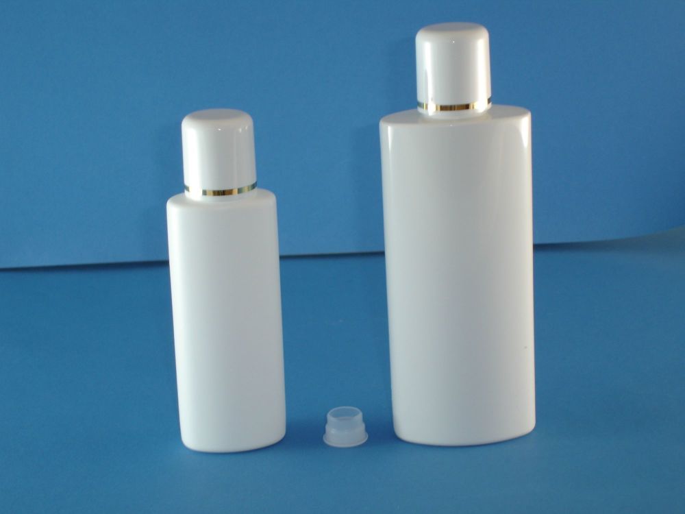 White Oval Plastic Bottle/Plug &  White Gold Ring Closure 125ml