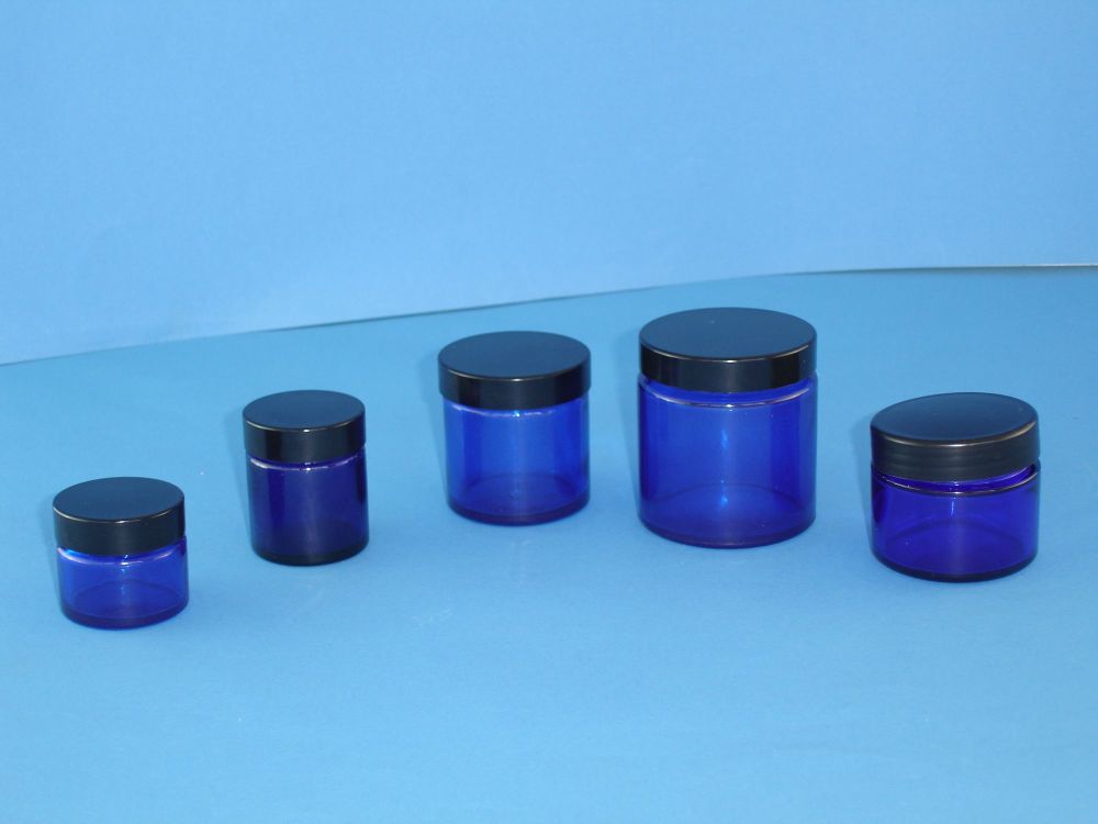 Blue (Coated) Glass Jar/Black Closure 60ml