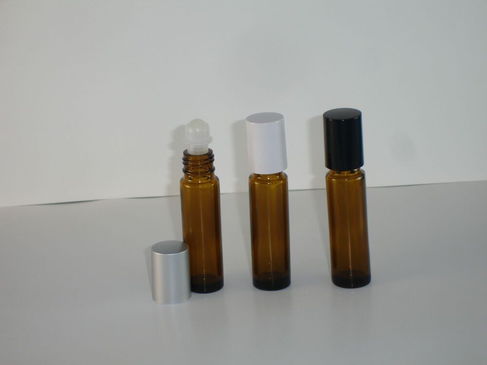 Amber Glass Bottle, Rollette & White Closure 10ml (2607)