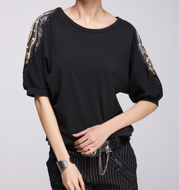 Sequin Sleeve Black Top - Size Medium