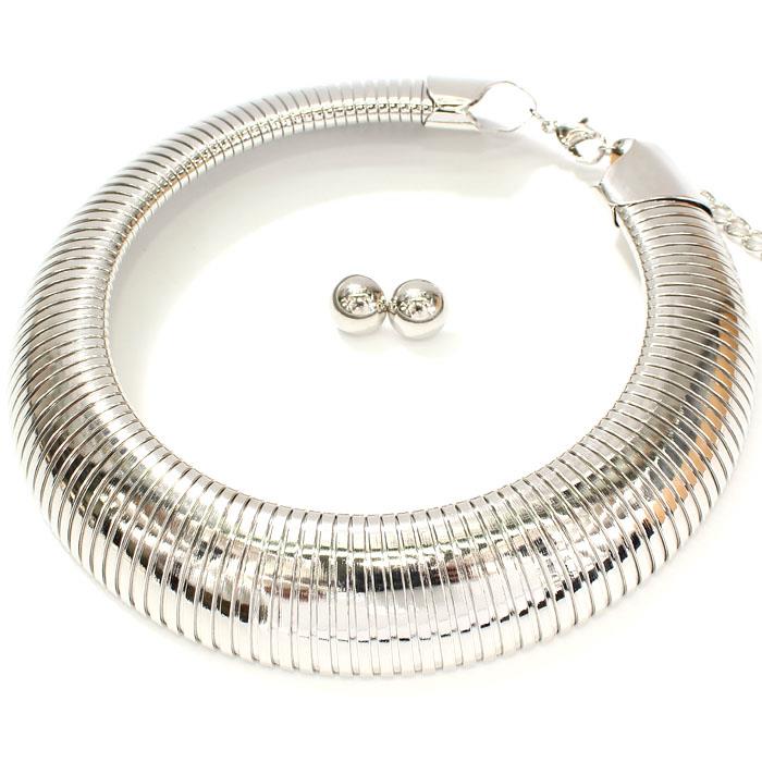 Silver Omega Wide Necklace Set 