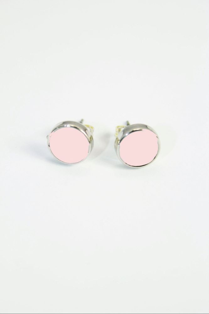 Silver Tone Round Pink Stud Earrings
