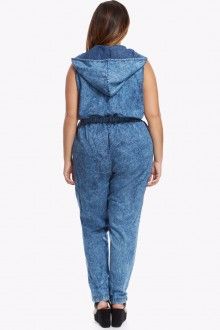 Denim Hooded Jumpsuit|Size: 1X
