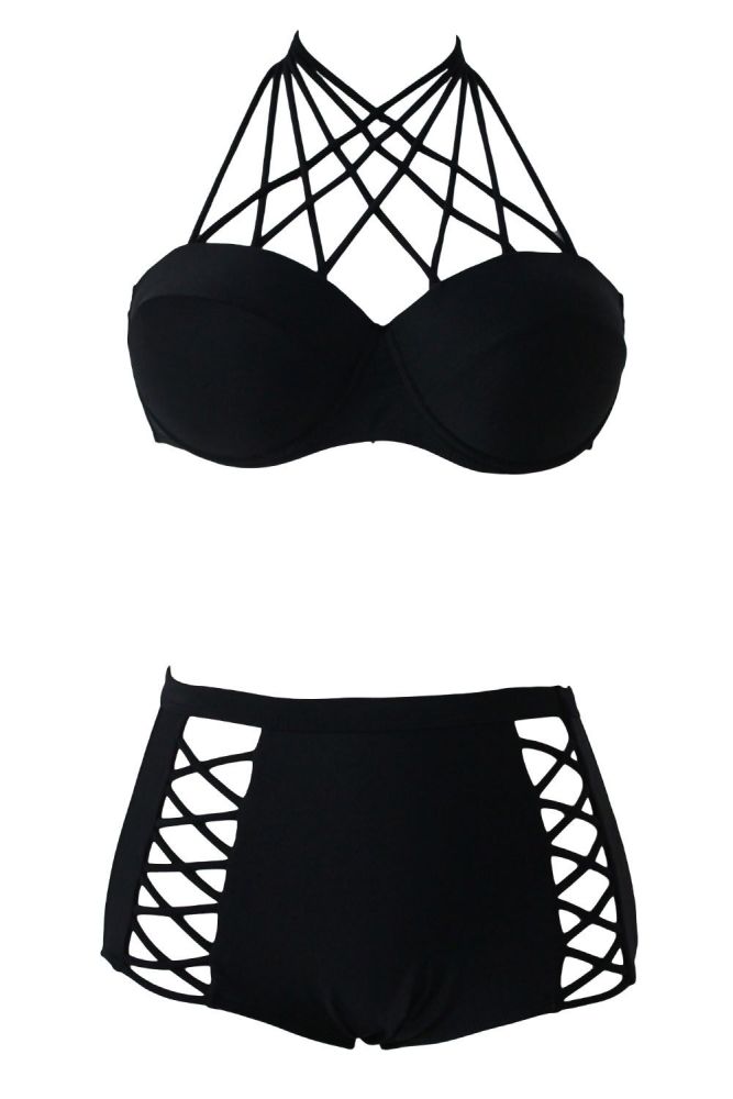 Black Strappy High Waist Bikini Swimsuit|Size: M