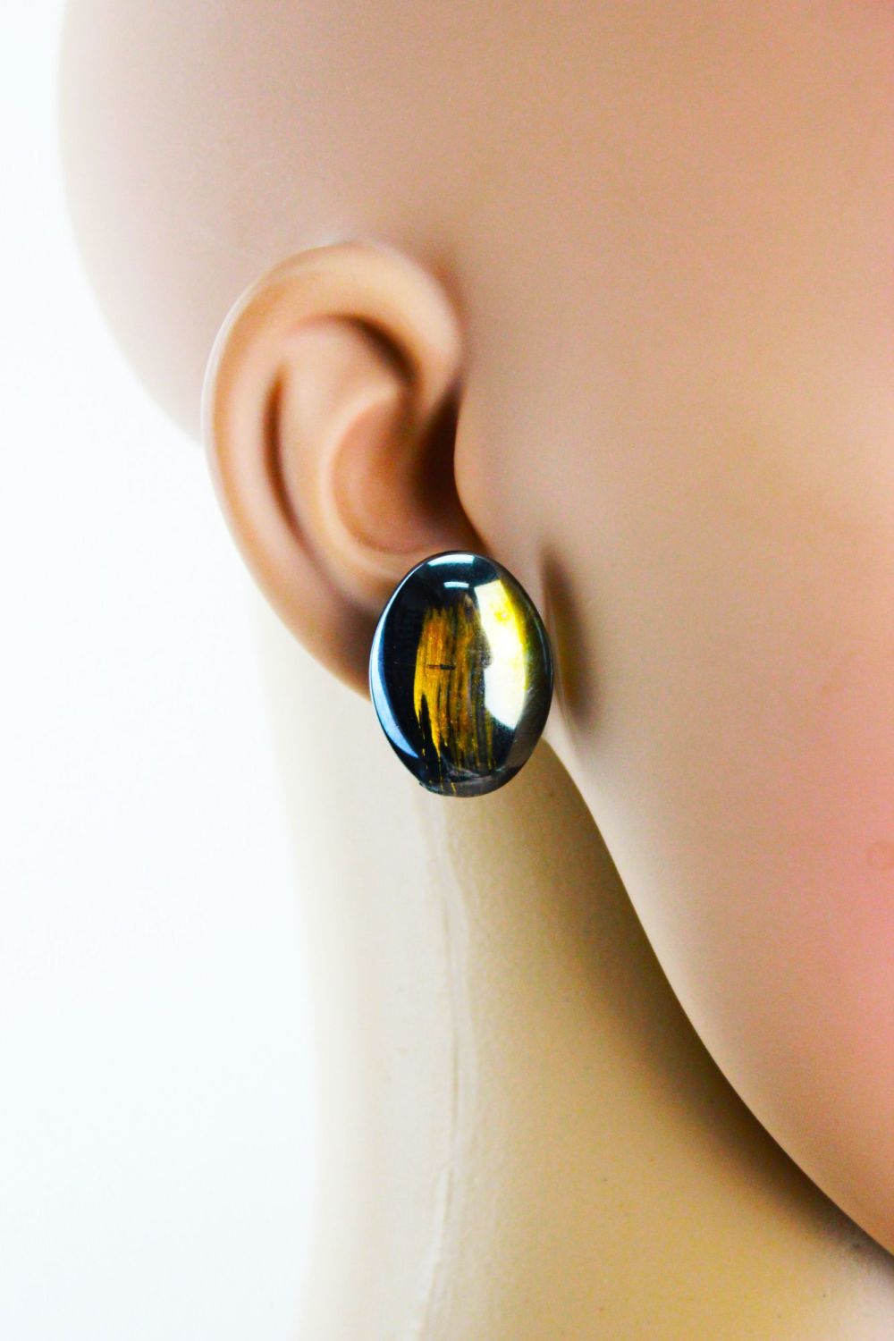 Bluish Black Oval Stud Earrings