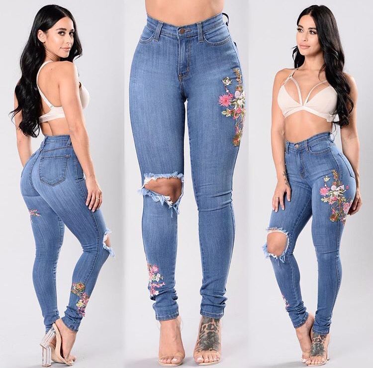($25 Only! Last Chance Sale) #H019 Floral Print Slit Knee Skinny Jeans|Size: M