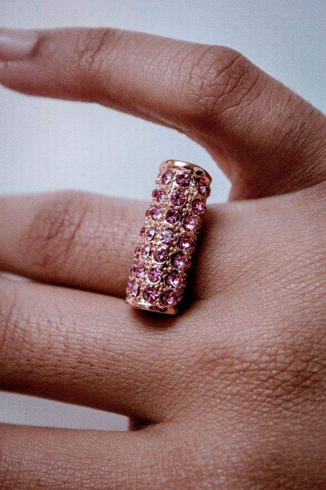 Rose Pink/Gold Rhinestone Fashion Ring Size: 18