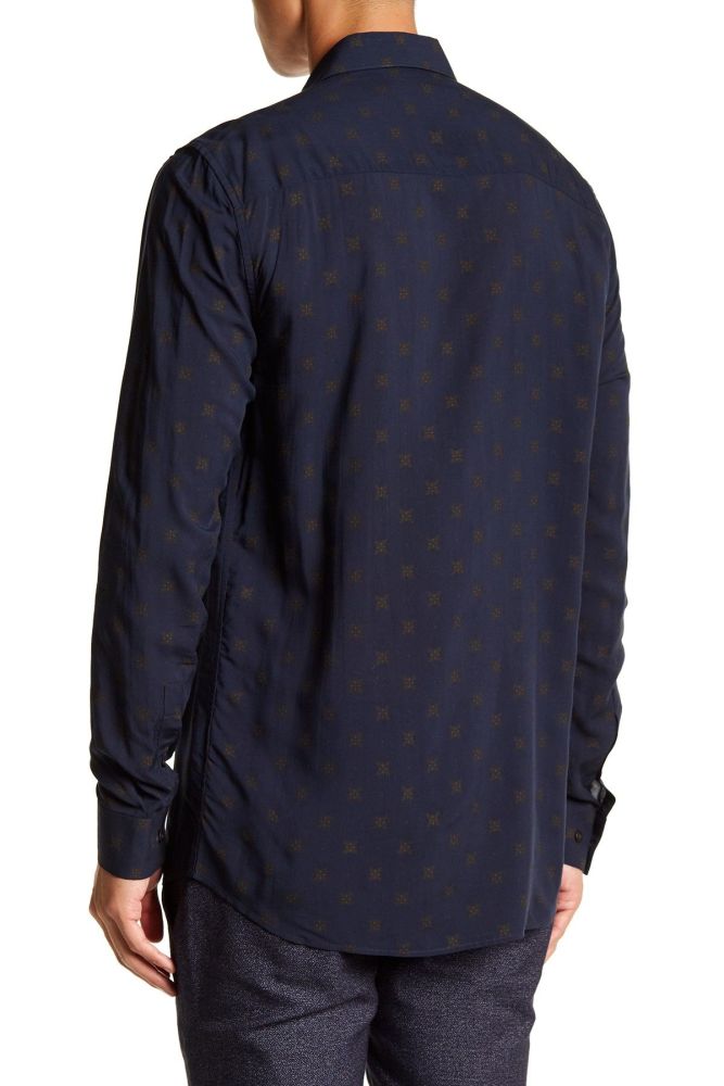 Slim-Fit Long Sleeve Navy & Gold Geo Print Shirt Size: M