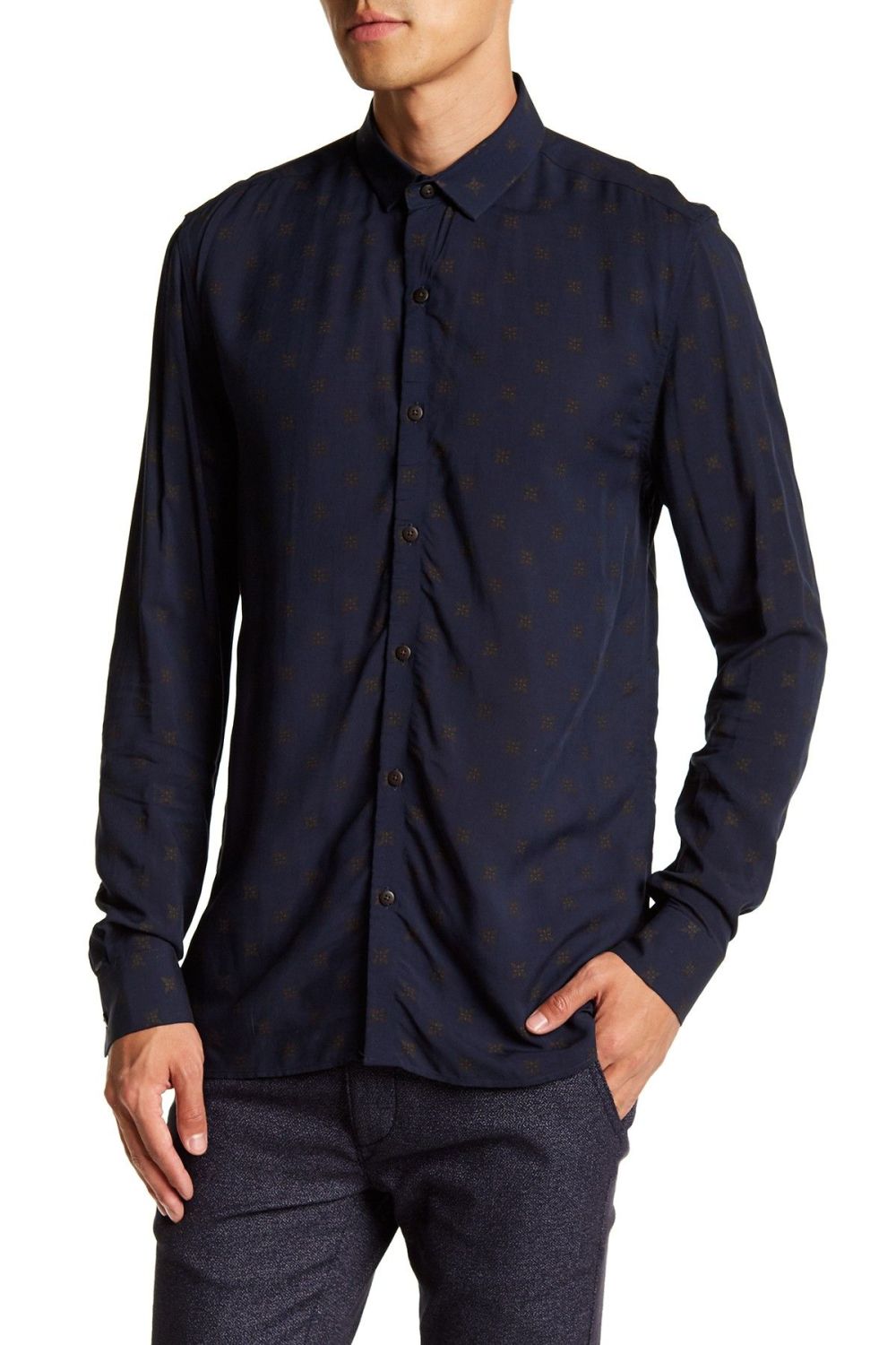 Long Sleeve Navy & Gold Geo Print Shirt Size: M