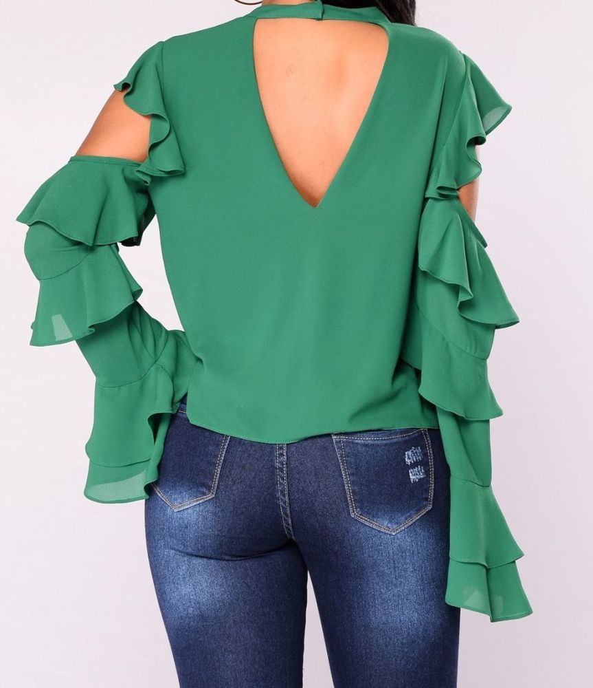 Green All Ruffled Long Sleeve Blouses Size: S