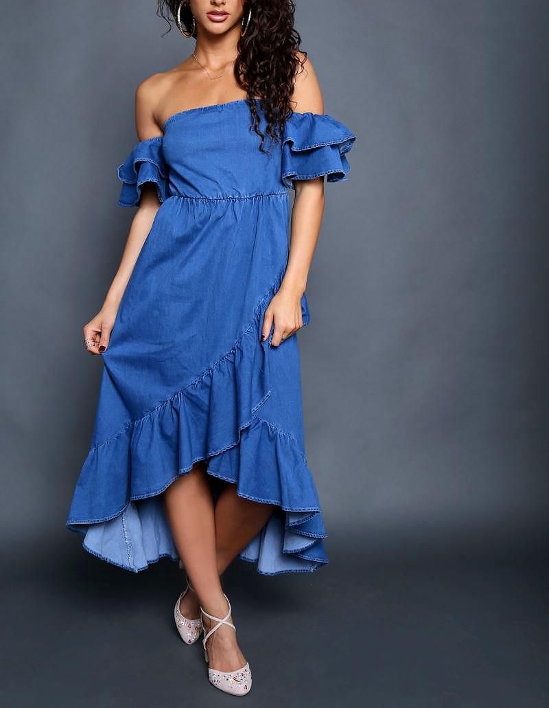 A023 OTS Ruffle Denim Dress Size: S